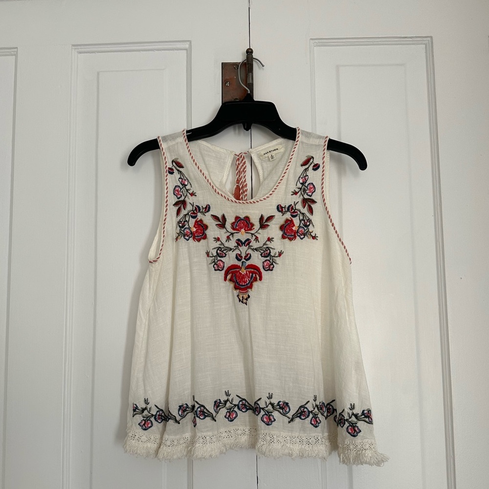 Embroidered White Cotton Sleeveless Blouse • Size Small • Boho • Cottagecore